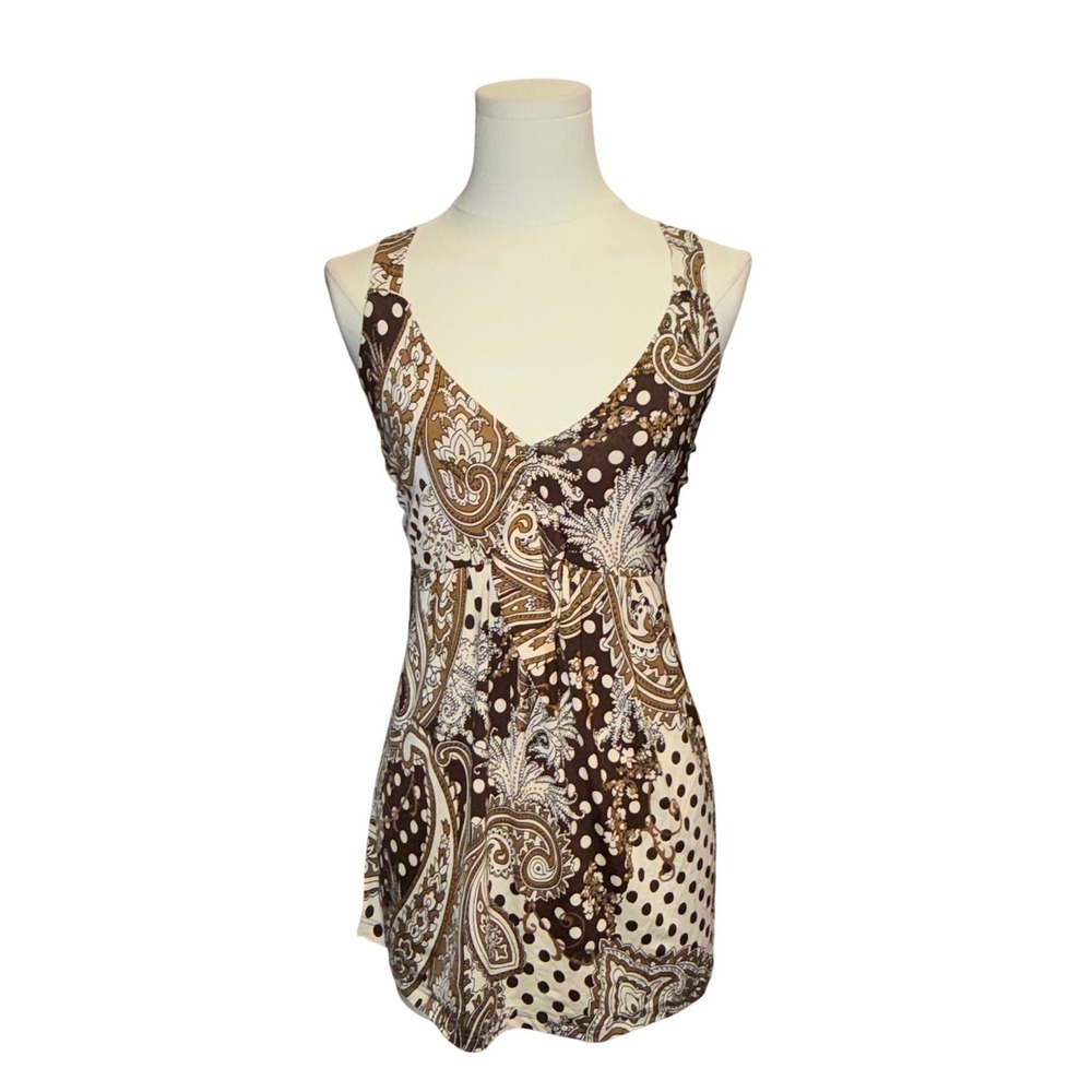 Danesi Tunic Top Women Medium Brown Paisley Polka Dot Good Y2K Boho Indie Sleaze
